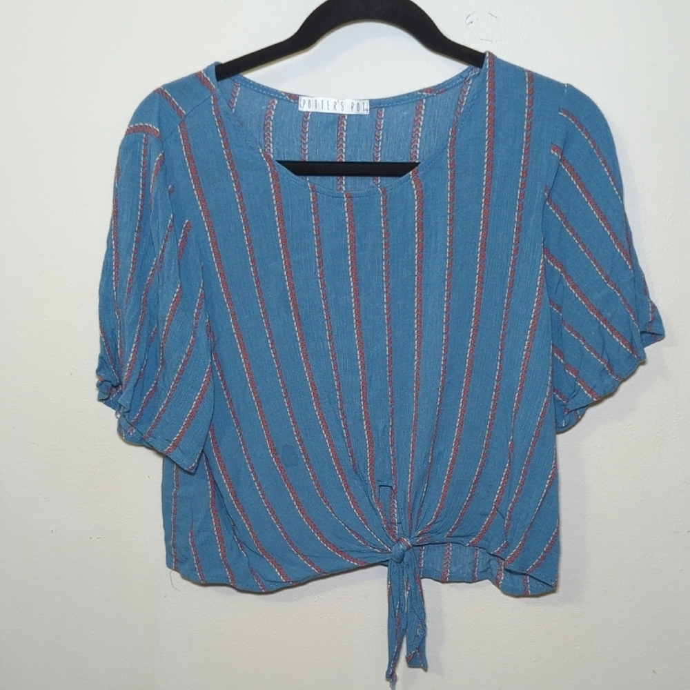 Potter's Pot Blue + Pink Striped Tie Waist Cropped Blouse Women's Size M